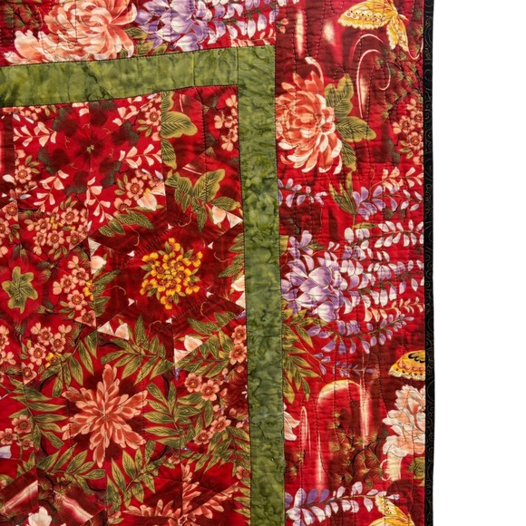 Handmade Kaleidoscope Floral Butterfly Quilt Red Green 58x56 One Block Wonder - Picture 4 of 8